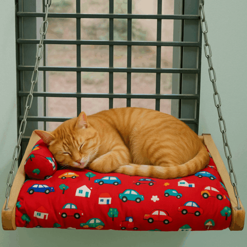 Indoor Cat Hammock Bed | Wooden Frame & Hanging Chains for Window, Wall